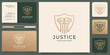 © ulhaq_std - justice Law firm logo with shield design concept. creative design justice ,law firm , line art style and business card template. Premium Vector