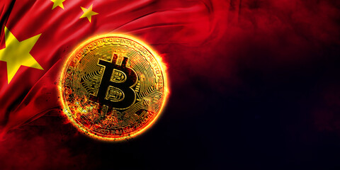 Wall Mural - burning golden bitcoin coin on the chinese flag background