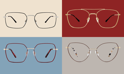 Canvas Print - Metallic golden and silver glasses collage isolated on red, blue and beige background, ideal photo template for display or advertising sign or for a web banner