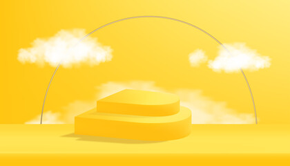 Wall Mural - Background 3D Studio room with Podium in geometry shape with white cloud on yellow wall. Blank Showcase Mockup with empty stage, Abstract backdrop minimal display showcase for product presentation