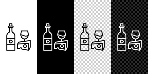 Sticker - Set line Wine bottle with glass and cheese icon isolated on black and white background. Romantic dinner. Vector