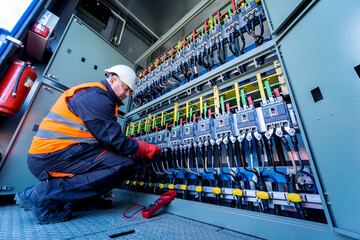 Wall Mural - checking the operating voltage levels of the solar panel switchgear compartment