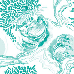  Seashells and coral reef texture monochrome on white background seamless pattern for all prints. Hand drawing.