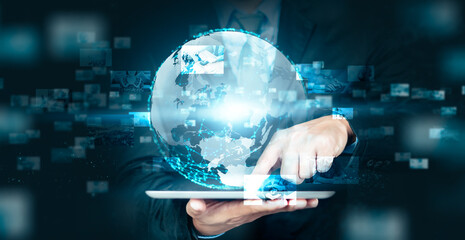 Poster - Multimedia digital content entertainment streaming communication social networking connectivity business using tablet device technology concept, world web hologram simulation, banner blue background