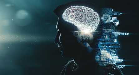 Fototapete - Artificial intelligence wireless communication networking learning machine improving development future AI machine and technology, businessman human head brain with smart city background concept.