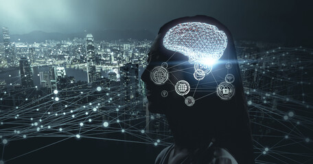 Fototapete - Artificial intelligence wireless communication networking icon learning machine development future AI machine and technology, businesswoman human head brain with smart city background concept.