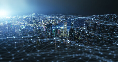 Poster - plexus connection connectivity smart city scape blue background. wireless communication digital netw