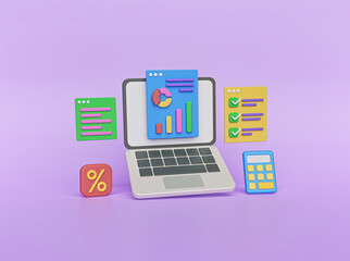 Poster - business data report and laptop. 3d rendering