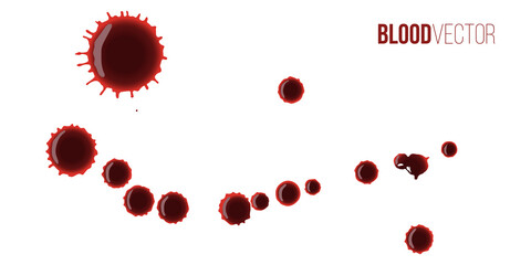 Poster - Blood drops set. Red splattered stains, splash, drip liquid spots vector illustration. Murder crime scene textures on white background. Horror bloody scary collection of bloodstains