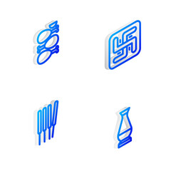 Sticker - Set Isometric line Hindu swastika, Tandoori chicken, Aroma sticks, incense and Indian vase icon. Vector