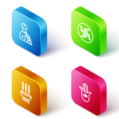 Sticker - Set Isometric line Indian man plays flute, Hindu swastika, Incense sticks and Hamsa hand icon. Vector