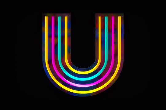 Colorful letter U with nice light effects. Isolated typeset on black background. High quality 3D rendering.