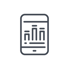  - Mobile phone with online statistics and analytics line icon. Smartphone with chart graph vector outline sign.