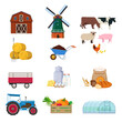 Set of farm buildings, animals and products