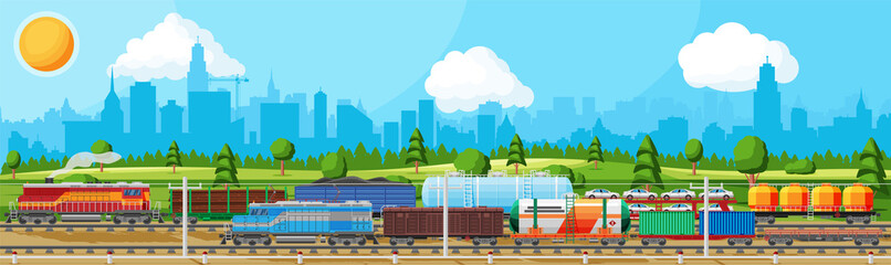 Train With Cargo Wagons, Cisterns, Tanks And Cars. Railroad Freight Collection. Nature Landscape With Trees, Hills, Forest, Cityscape And Clouds. Cargo Rail Transportation. Flat Vector Illustration