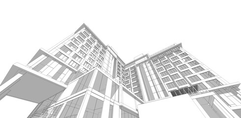 Wall Mural - Architecture background. Perspective 3d Wireframe of building design and 3d model my own.