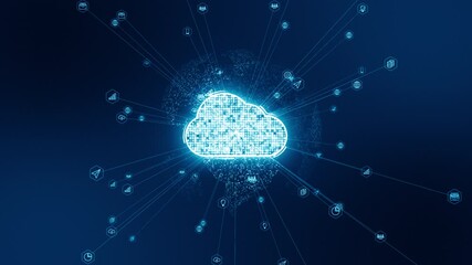 Poster - motion graphic of blue cloud computing and earth sphere with line connection and data transfer to fu