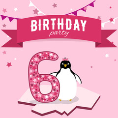 Bright pink card for the girl's sixth birthday with a penguin and stars. Children's theme party for 6 years. Cheerful invitation to a 6 months children's party.