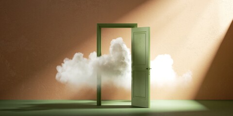 Wall Mural - 3d render. White fluffy cloud flies through the open green door, isolated on peachy background. Modern minimal concept
