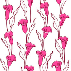  Simple seamless stylized floral pattern. Flat design print with flower Calla lilies. Contour vector illustration.