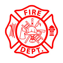 Fireman Emblem Sign On White Background. Fire Department Symbol. Firefighter’s Maltese Cross. Flat Style.