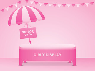 Wall Mural - Pastel pink backdrop and cute pink table for putting your object with striped umbrella and triangle rail flag