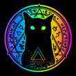 black silhouette of a cat on a background of multicolored rainbow alchemical inscriptions