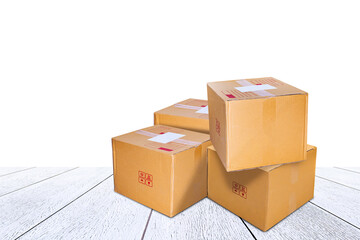 Wall Mural - parcel crate box post for delivery shipping, cardboard paper carton box brown for packaging delivery, crate cargo paper box on wood white floor, merchandise stock in warehouse concept, copy space