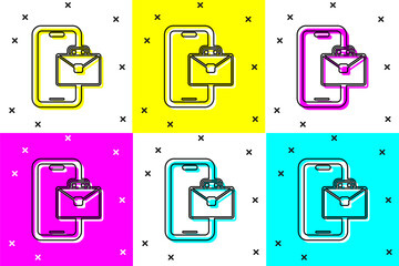 Poster - Set Freelancer icon isolated on color background. Freelancer man working on laptop at his house. Online working, distant job concept. Vector