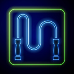 Wall Mural - Glowing neon Jump rope icon isolated on blue background. Skipping rope. Sport equipment. Vector