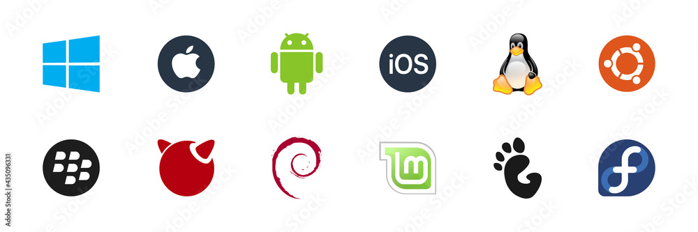 Main OS logo set: Windows, MacOS, Android, IOS, Ubuntu, Linux, Freebsd ... image.