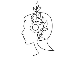 Human head with plant and gears. One line drawing