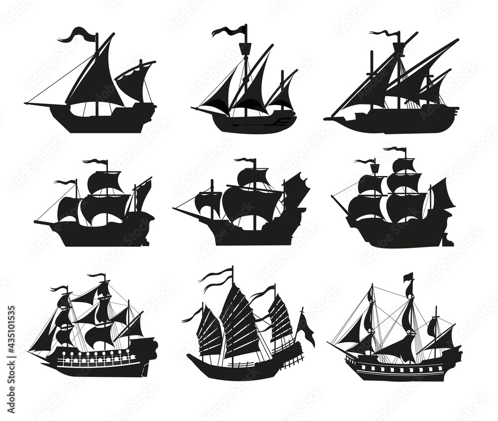 Pirate boats and Old different Wooden Ships with Fluttering Flags. Vector Set Old shipping sails traditional vessel pirate symbols garish vector illustrations.Black silhouettes collection set - obrazy, fototapety, plakaty 