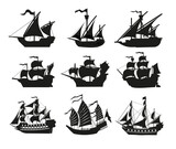 Fototapeta Dinusie - Pirate boats and Old different Wooden Ships with Fluttering Flags. Vector Set Old shipping sails traditional vessel pirate symbols garish vector illustrations.Black silhouettes collection set