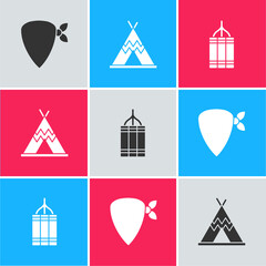 Sticker - Set Cowboy bandana, Indian teepee or wigwam and Dynamite bomb icon. Vector