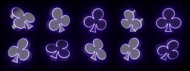 Wall Mural - Modern Aces Playing Cards Symbol. Clubs With Futuristic Purple Glowing Neon Lights, Rotation, Isolated On The Black Background - 3D Illustration	