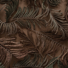 Wall Mural - Flat lay, top view. Floral pattern with juniper branches on brown background. Spring or summer concept. Floral background