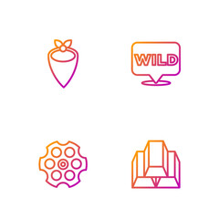 Sticker - Set line Gold bars, Revolver cylinder, Cowboy bandana and Pointer to wild west. Gradient color icons. Vector