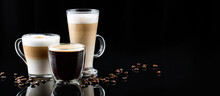 Horizontal Banner With Different Types Of Coffee In Glasses On A Black Mirror Background, Cappuccino, Americano, Latte Macchiato, Coffee Beans
