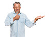 © Krakenimages.com - Middle age grey-haired man wearing casual clothes showing palm hand and doing ok gesture with thumbs up, smiling happy and cheerful