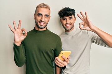 Wall Mural - Homosexual gay couple standing together using smartphone doing ok sign with fingers, smiling friendly gesturing excellent symbol