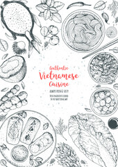 Vietnamese food top view frame. A set of vietnamese dishes with spring rolls, bun cha, fruits and vegetables . Food menu design template. Vintage hand drawn sketch vector illustration. Engraved image.