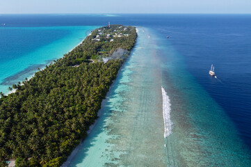 Wall Mural - Maldives resort island drone aerial view, Indian ocean atoll nature beach and palm forest, leisure tourist luxury vacation