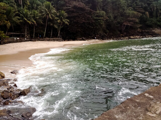 Praia do Edén, en Guarujá, Sao Paulo, Brasil. Playa de aguas verdes, paisaje tropical.