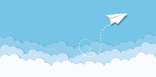 Blue Sky With Paper Plane Flying And Clouds Vector Background. Creative Carton Border Of Clouds. Airy Atmosphere Stylish Design. Vector Illustration.	