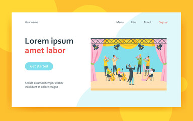  Conductor and musicians standing on theater stage flat vector illustration. Cartoon people playing violin, cello and harp. Symphony orchestra and classical music concert concept