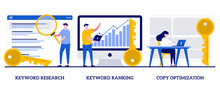 Keyword research, keyword ranking, copy optimization concept with tiny people. Search engine optimization service abstract vector illustration set. SEO analytics, marketing business metaphor