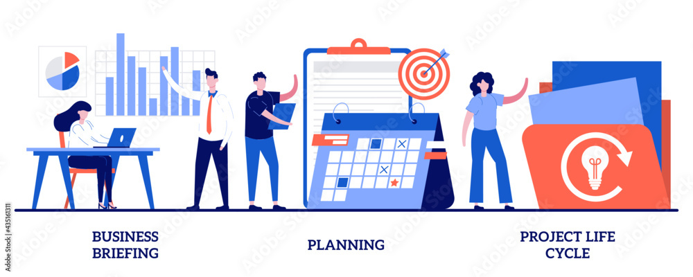 Process Briefing Business briefing, planning, project life cycle concept with tiny ...