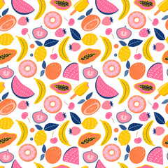 Wall Mural - cute seamless vector pattern with hand drawn tropical fuits(banana, papaya fruit, orange, lemon, watermelon), ice creams, donuts. summer background illustration in flat style