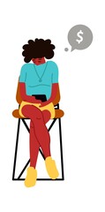 Poster - Girl with smartphone. Cartoon woman holding mobile device. Young female sitting on chair. Cute teenager and speech bubble with dollar sign. Vector character makes payments using phone